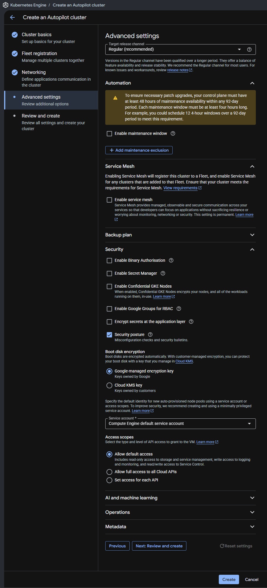 Advanced settings configuration screen