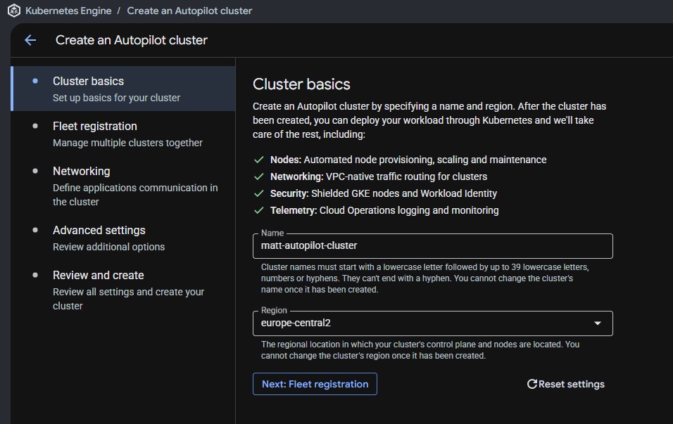 Cluster basics configuration screen