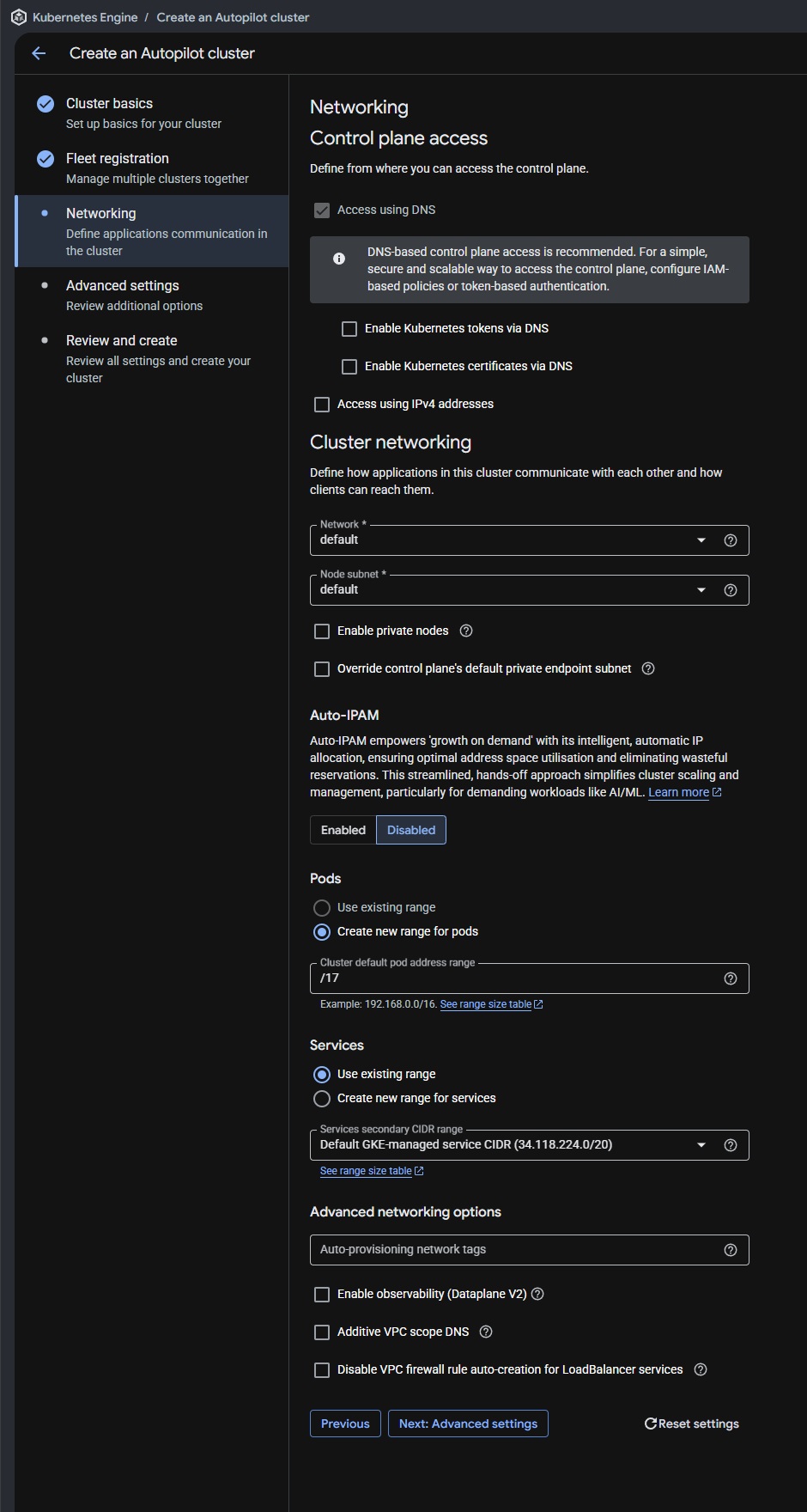 Networking configuration screen