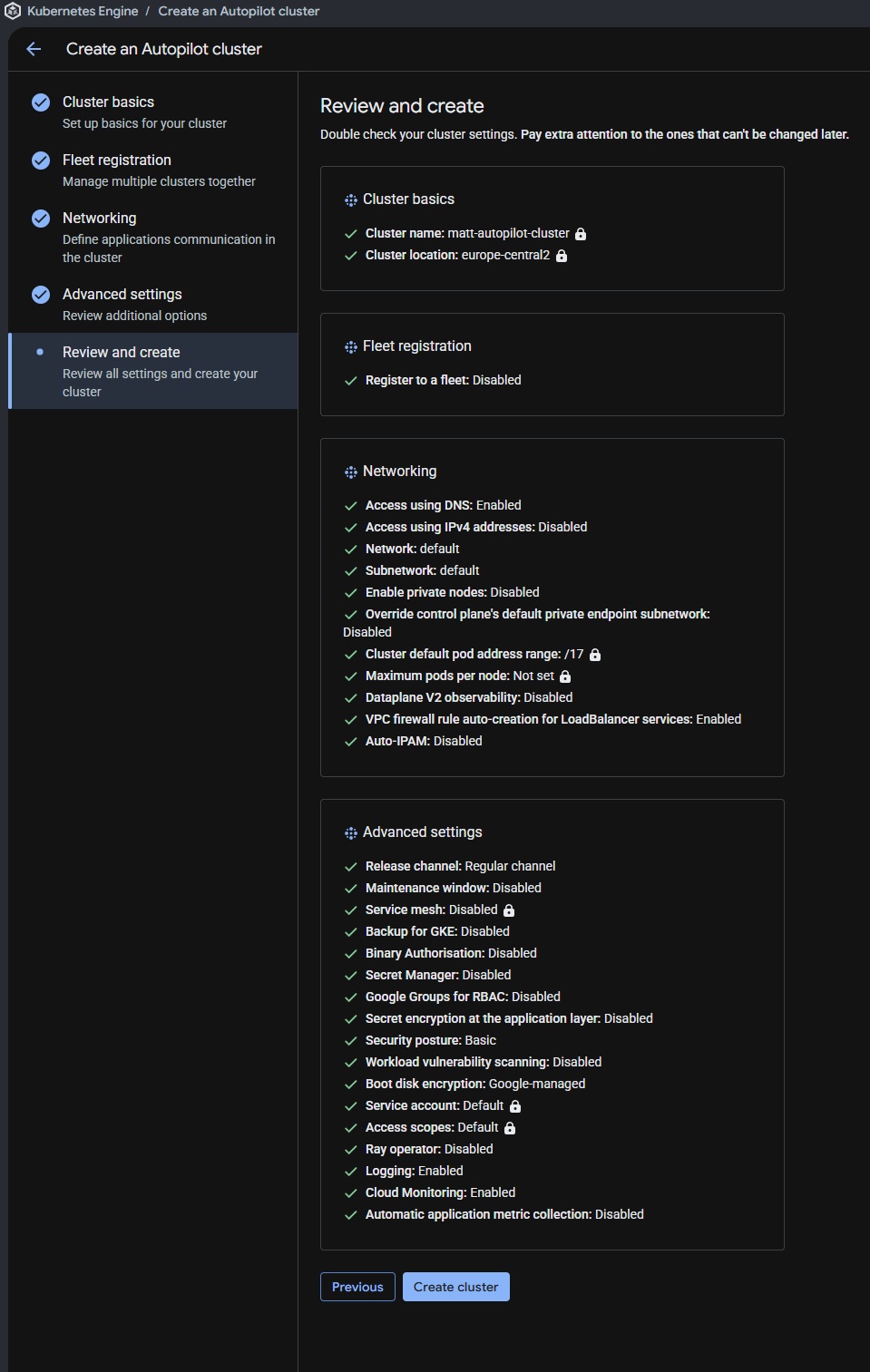 Review and create screen